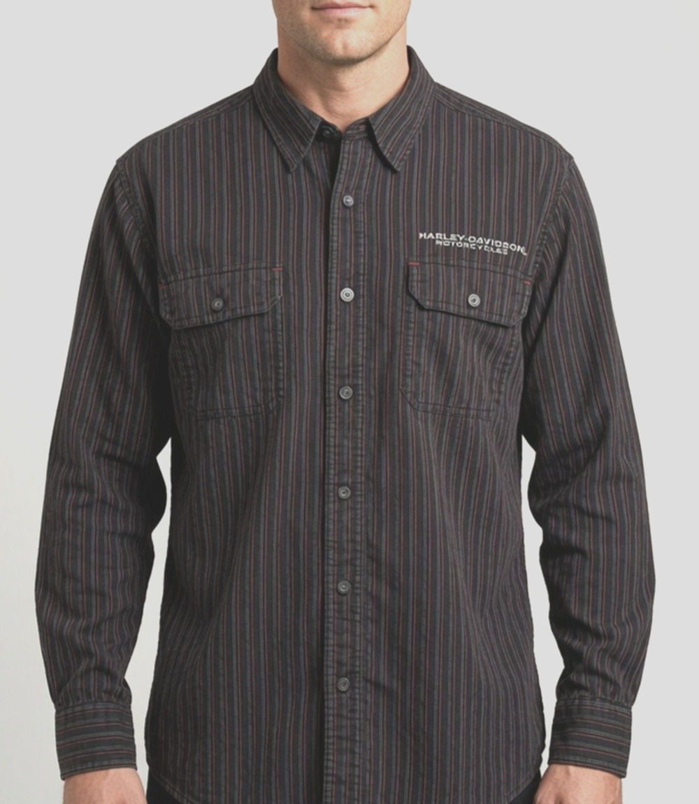 Harley-Davidson Men’s Large Striped Button Shirt Embroidered Logo Black Gray Red